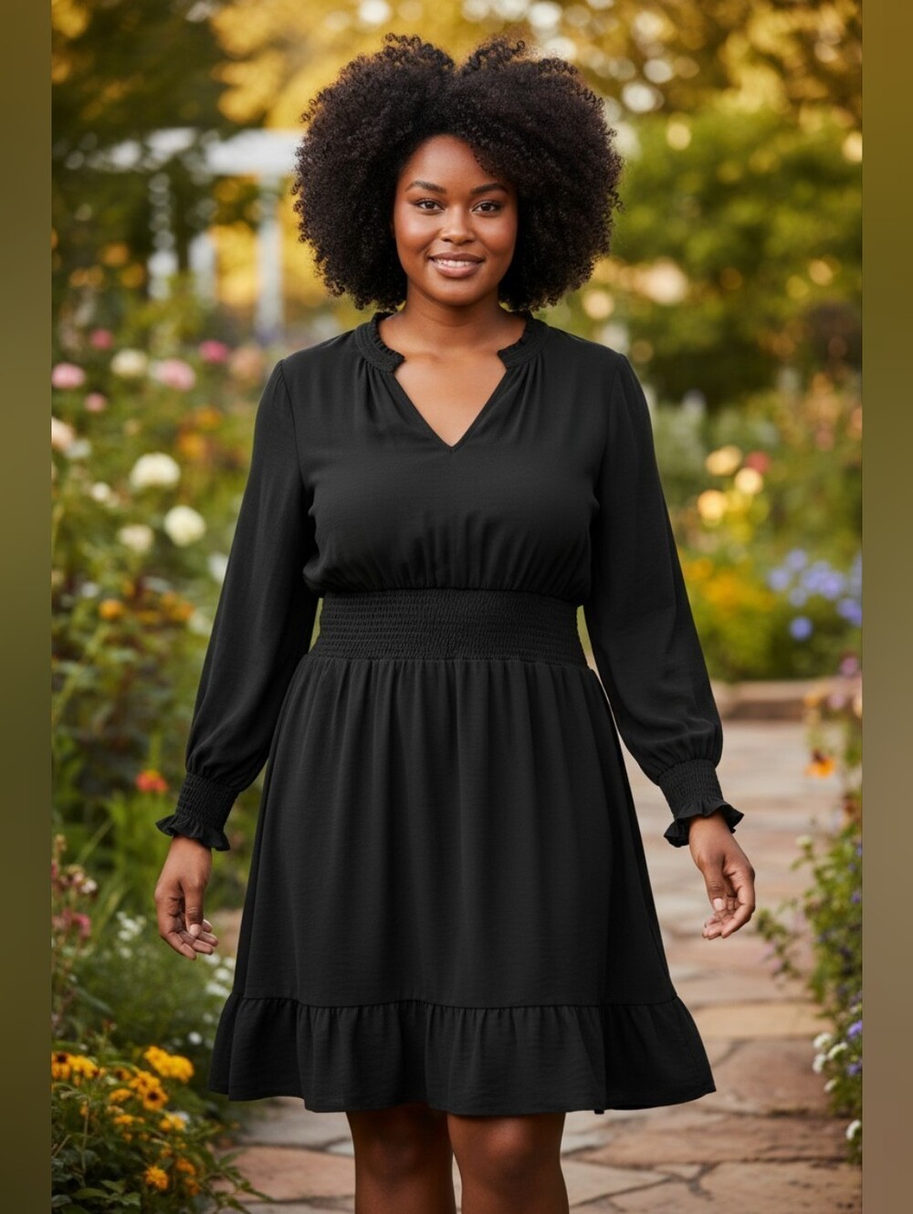 Chico's 3 Black Long-Sleeve Smocked-Waist Dress Sz 16